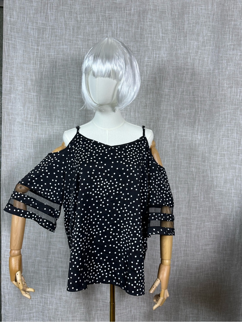 Women’s Black Polka Dot Cold-Shoulder Top